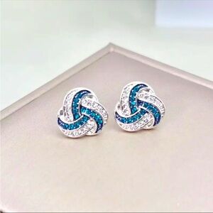 Cute Fashionable‎ Geometric Blue Rhinestone Stud Earrings Stylish Silver Plated